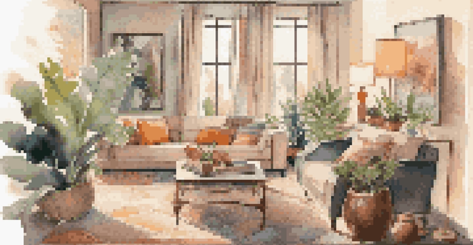 A cozy living room filled with art, featuring an abstract painting, sculptures, and a plant, with warm lighting.