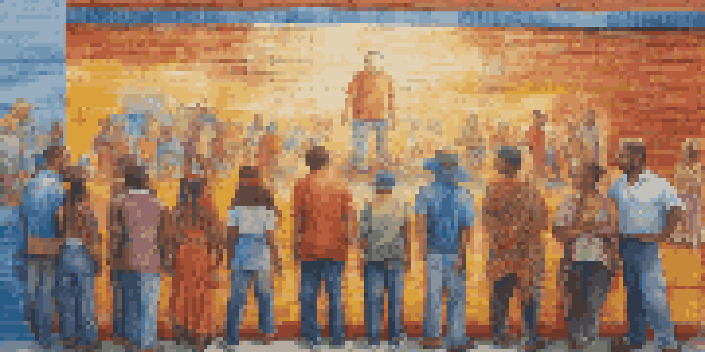 A colorful street art mural featuring a diverse group of people symbolizing unity and strength, with bright colors and textured details.
