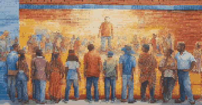 A colorful street art mural featuring a diverse group of people symbolizing unity and strength, with bright colors and textured details.