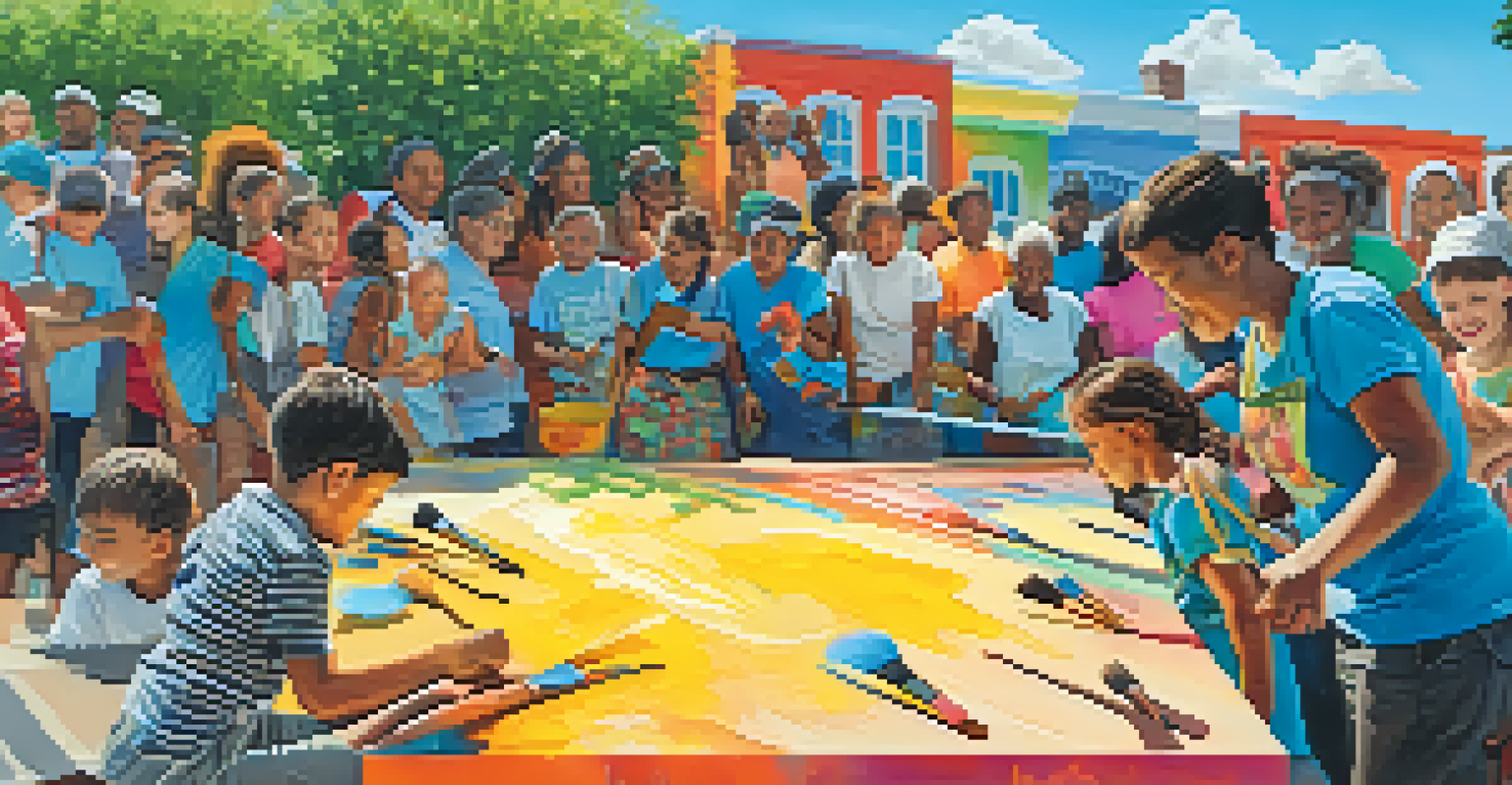 Residents of different ages collaborating in a community workshop to paint a large mural, surrounded by colorful paints and a clear blue sky.