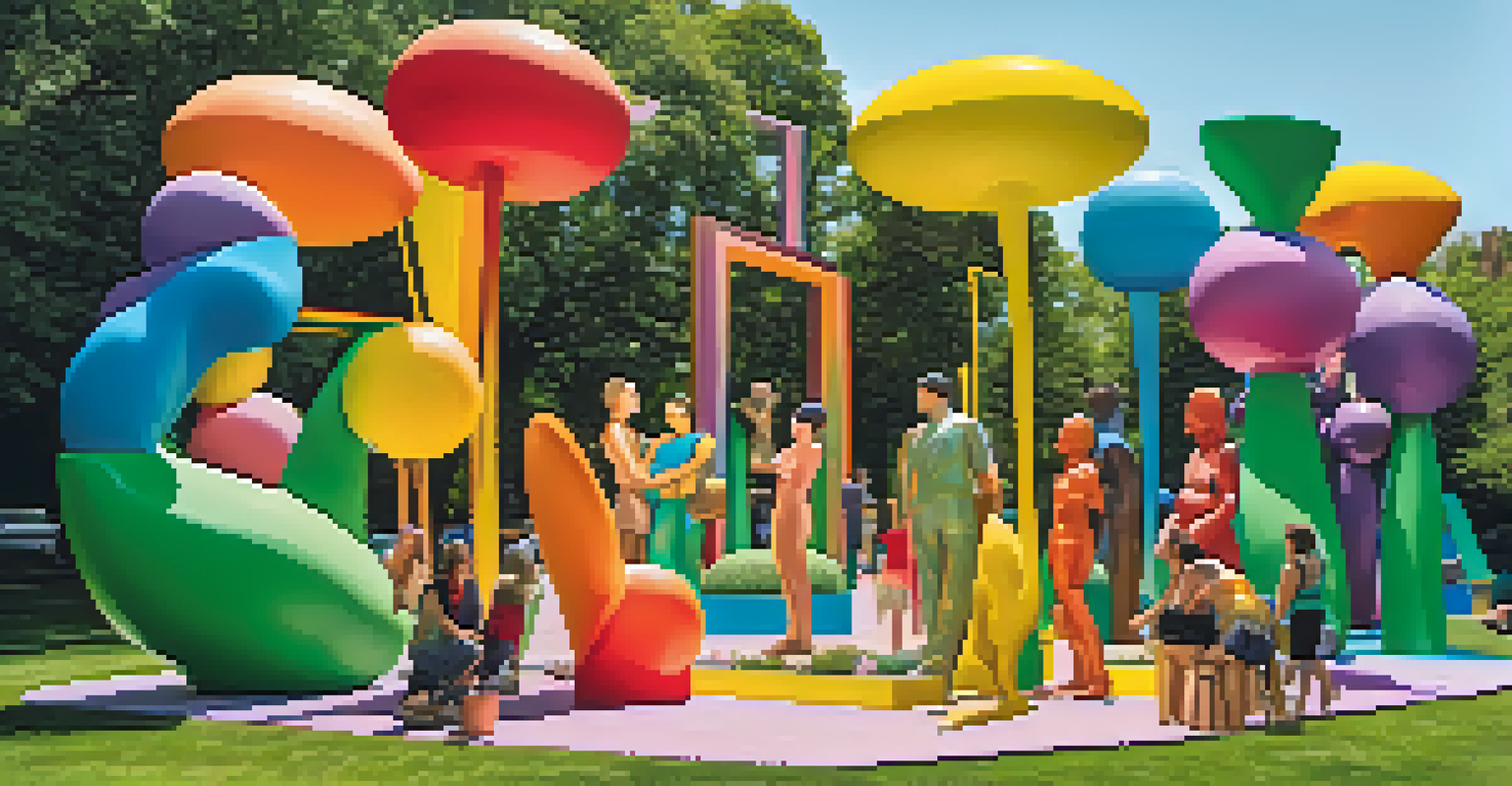 Colorful outdoor sculptures representing gender identities in a sunny park with diverse people interacting.