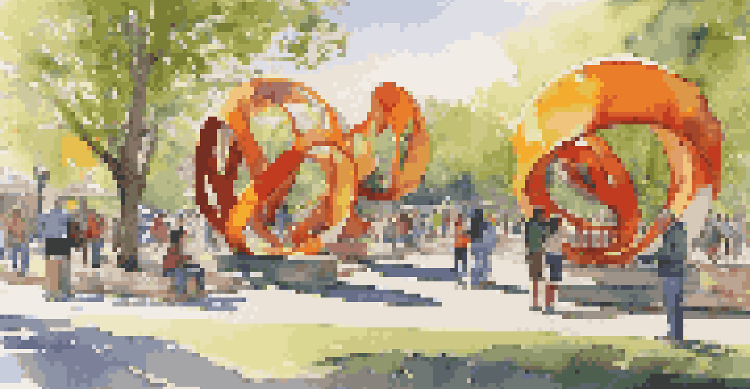 An outdoor art installation with colorful sculptures in a park, with people interacting and enjoying the artwork.