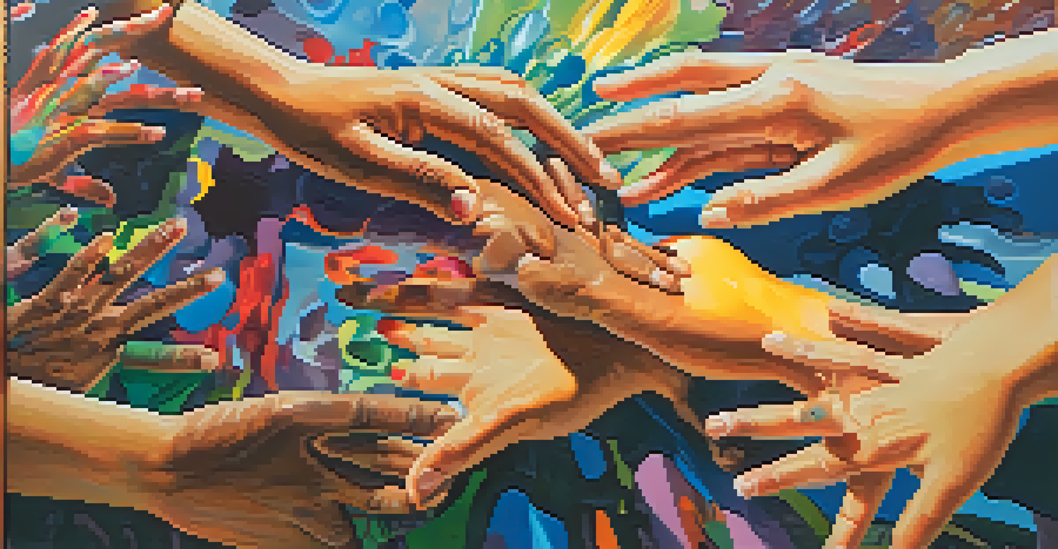 Close-up of diverse hands painting a collaborative mural, showcasing vibrant colors and artistic techniques with sunlight illuminating the scene.