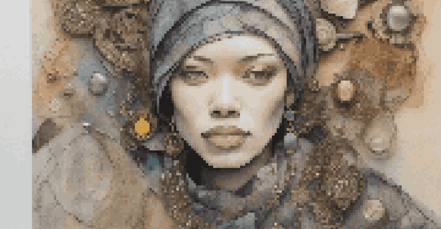 A close-up view of a mixed media artwork with intricate textures related to gender representation.