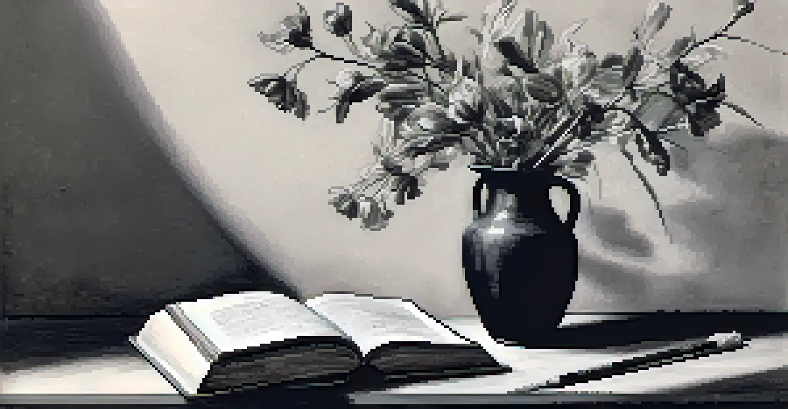 A still life of a vase of flowers and an open sketchbook with charcoal sticks, illuminated by dramatic lighting.