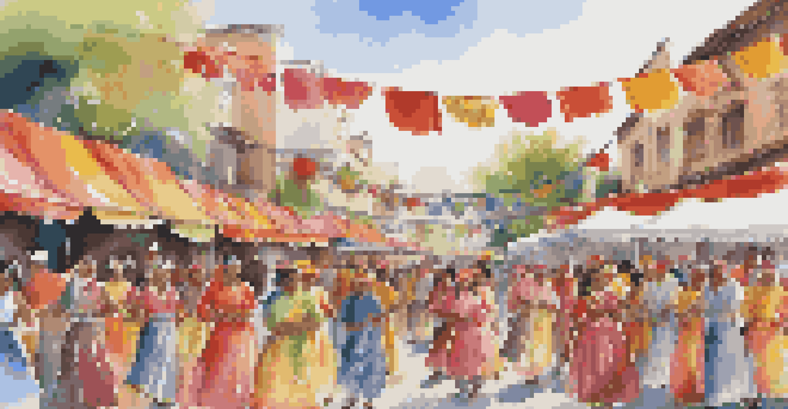 A bustling multicultural festival with people celebrating through dance, music, and food, surrounded by colorful decorations and traditional attire.