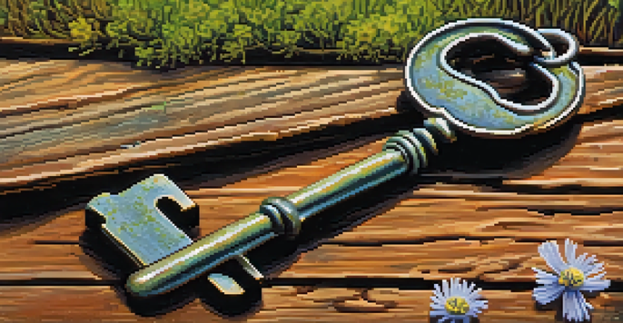 A close-up image of a rusted key on a weathered wooden surface with moss and wildflowers, illuminated by soft sunlight.