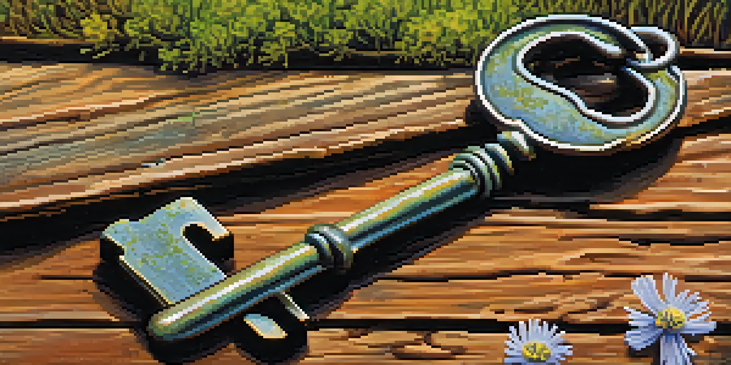 A close-up image of a rusted key on a weathered wooden surface with moss and wildflowers, illuminated by soft sunlight.