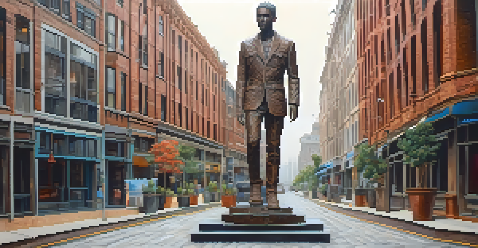 A sculpture made from reclaimed materials showing a person navigating an urban environment, with textured surfaces and soft lighting.