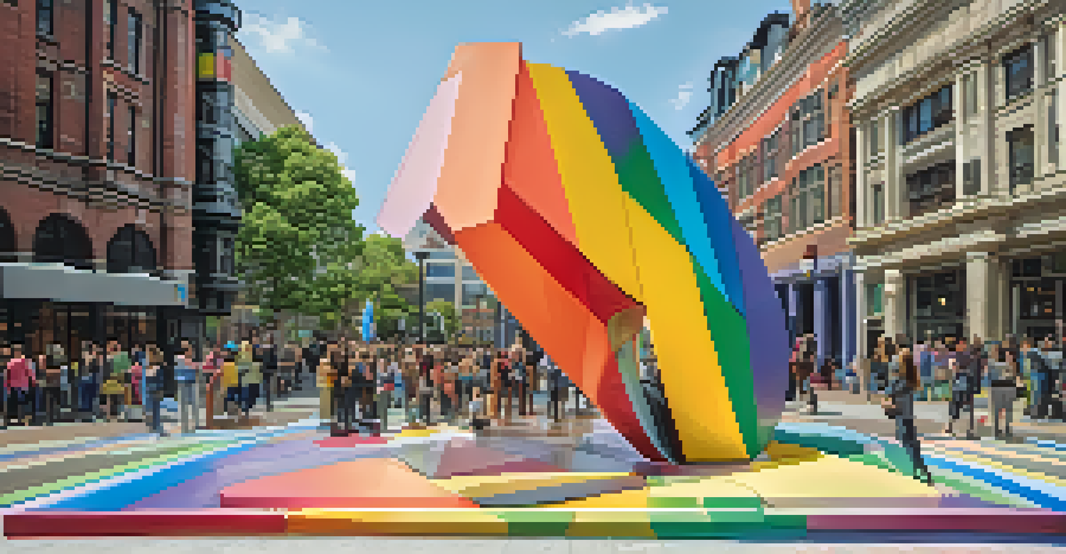 A vibrant interactive sculpture representing unity in the LGBTQ+ community, located in a busy city square with people interacting around it.