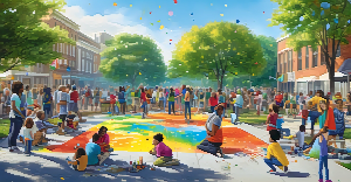 A diverse group of people working together on a colorful mural in a sunny park, surrounded by art supplies and trees.