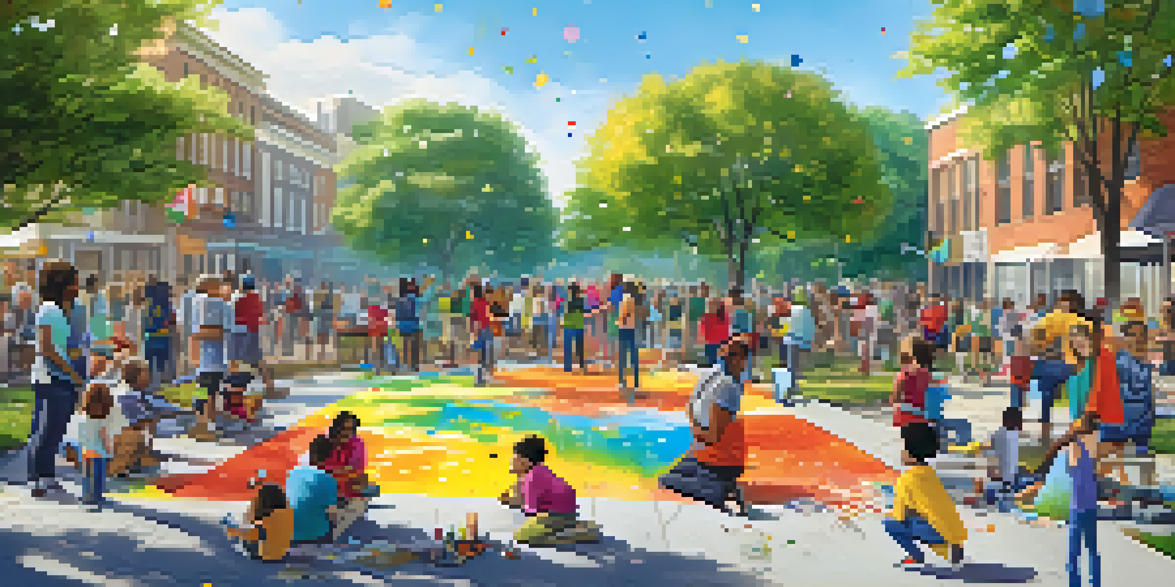 A diverse group of people working together on a colorful mural in a sunny park, surrounded by art supplies and trees.