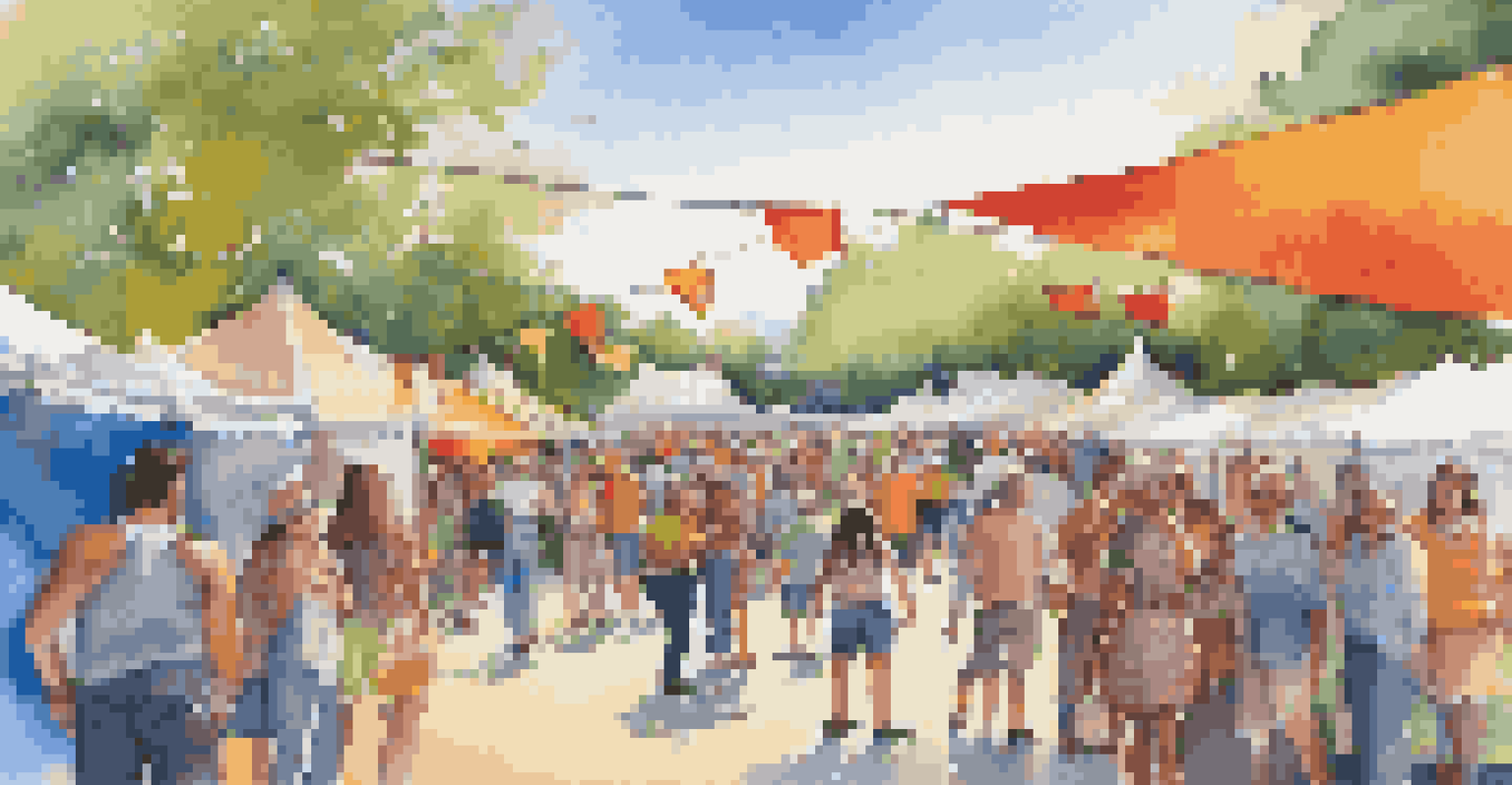 An outdoor art festival with colorful tents and artists showcasing their work, with visitors interacting and a bright blue sky in the background.
