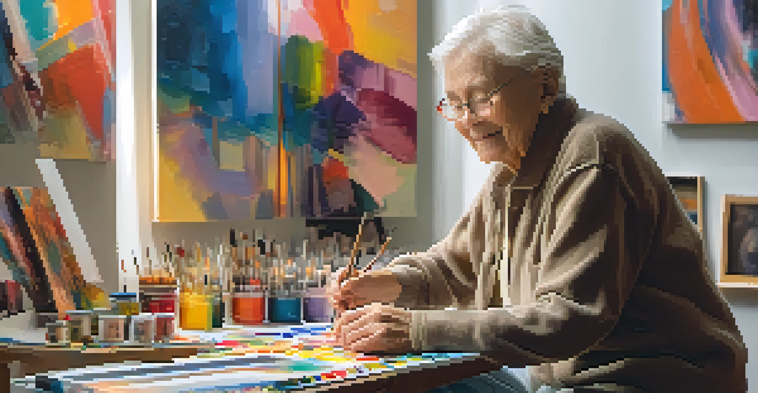 An elderly artist in their studio, painting an abstract piece with a warm smile and vibrant colors around them.