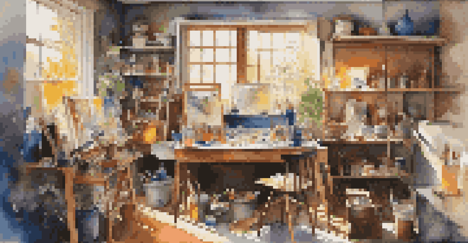 An artist's studio showcasing colorful paints and cultural symbols, with sunlight streaming through a window.