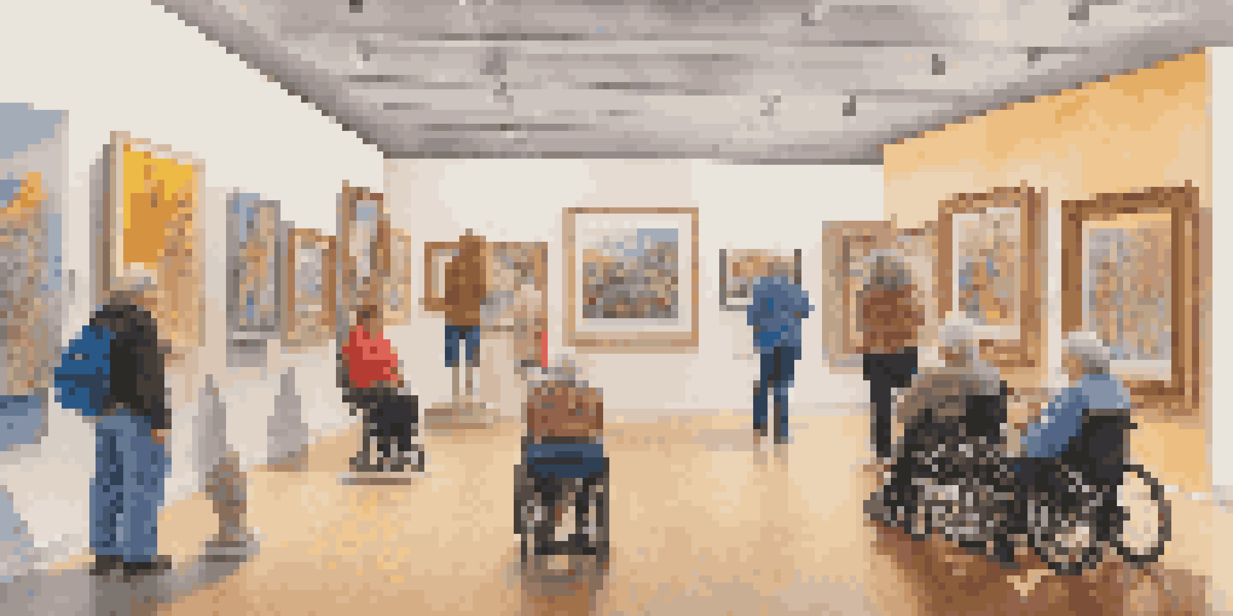 An art gallery filled with colorful paintings and sculptures created by disabled artists, with visitors appreciating the artwork under natural light.
