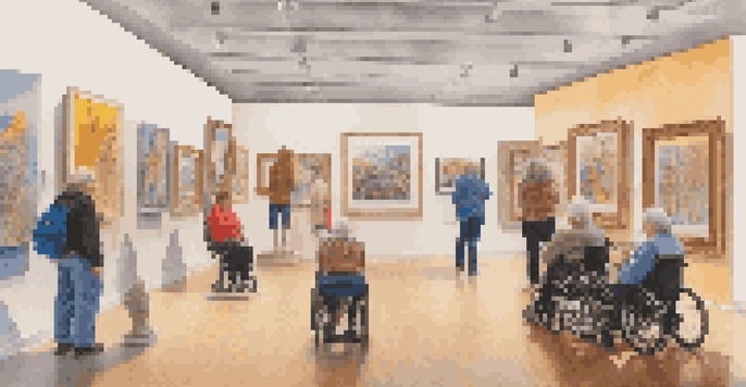 An art gallery filled with colorful paintings and sculptures created by disabled artists, with visitors appreciating the artwork under natural light.