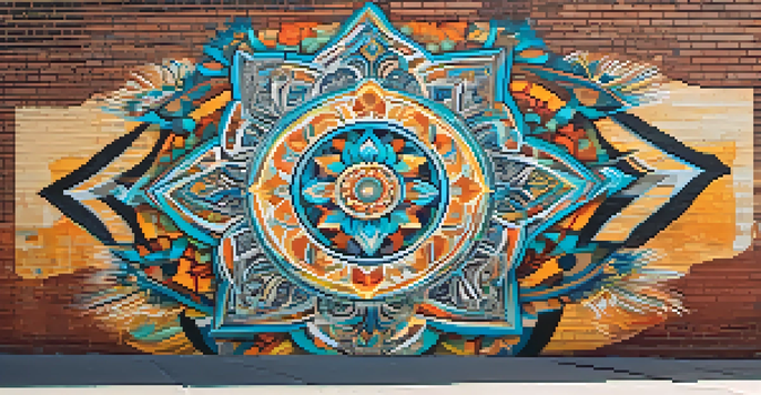 A colorful street art mural showcasing a blend of cultural symbols and patterns against a brick wall.