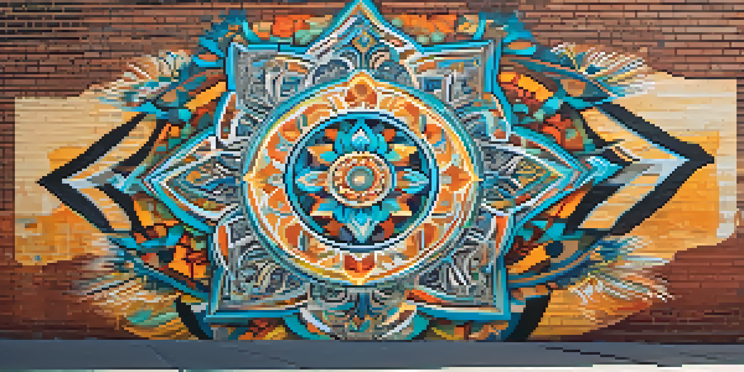 A colorful street art mural showcasing a blend of cultural symbols and patterns against a brick wall.