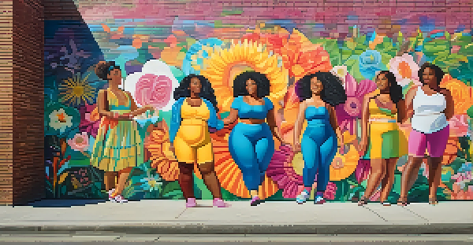 A colorful mural depicting diverse people celebrating body positivity with flowers and abstract shapes, illuminated by warm sunlight.