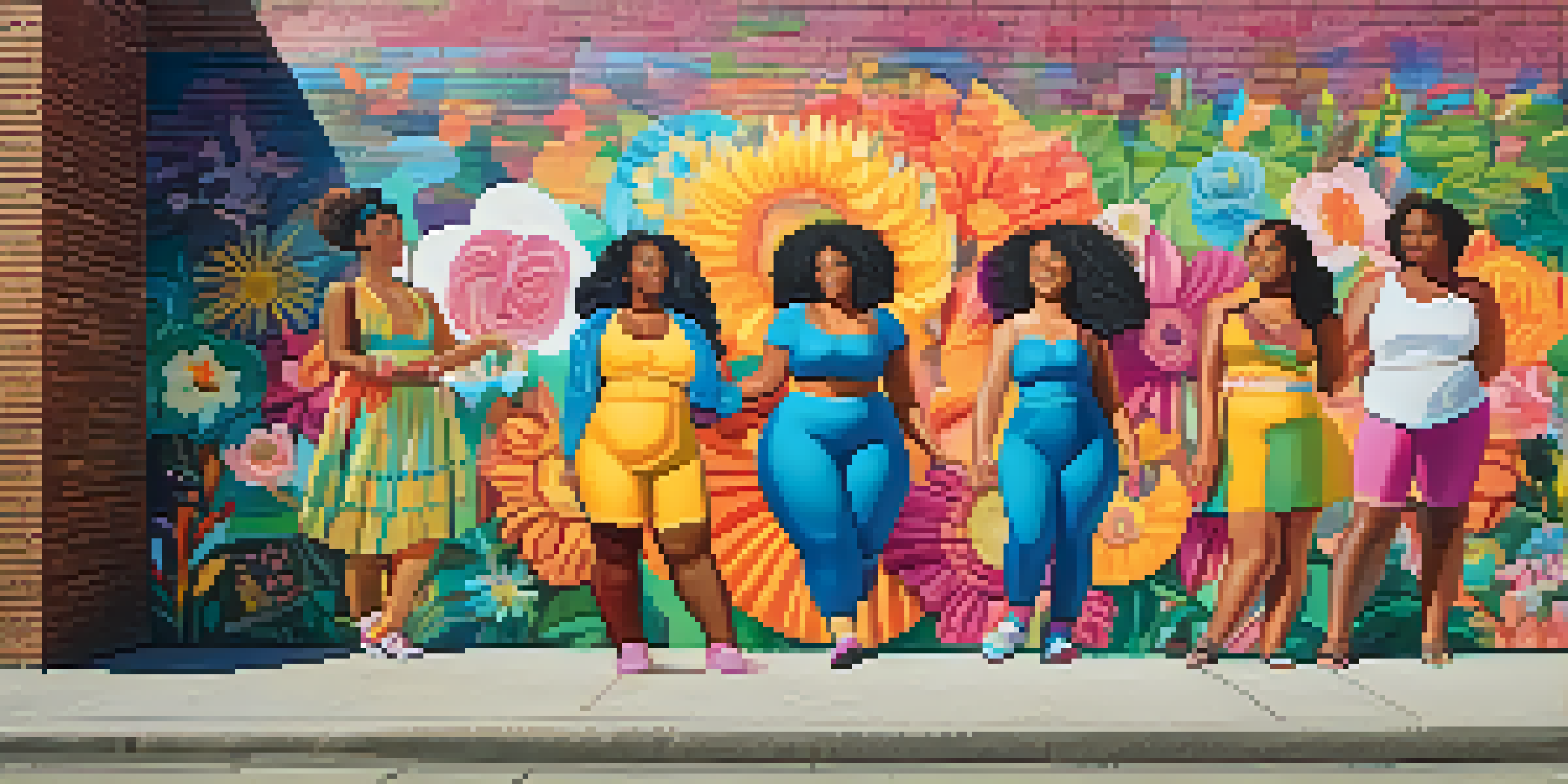 A colorful mural depicting diverse people celebrating body positivity with flowers and abstract shapes, illuminated by warm sunlight.