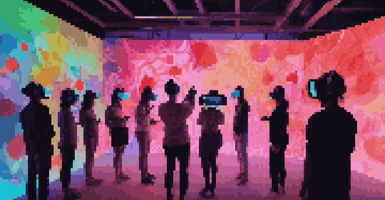 Viewers in a dark room interacting with a glowing virtual reality art installation.