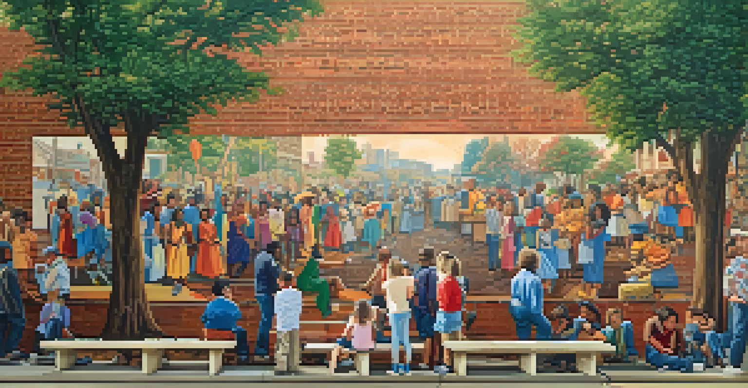 A colorful mural on a brick wall illustrating a historical event, with people admiring the artwork in an urban setting.
