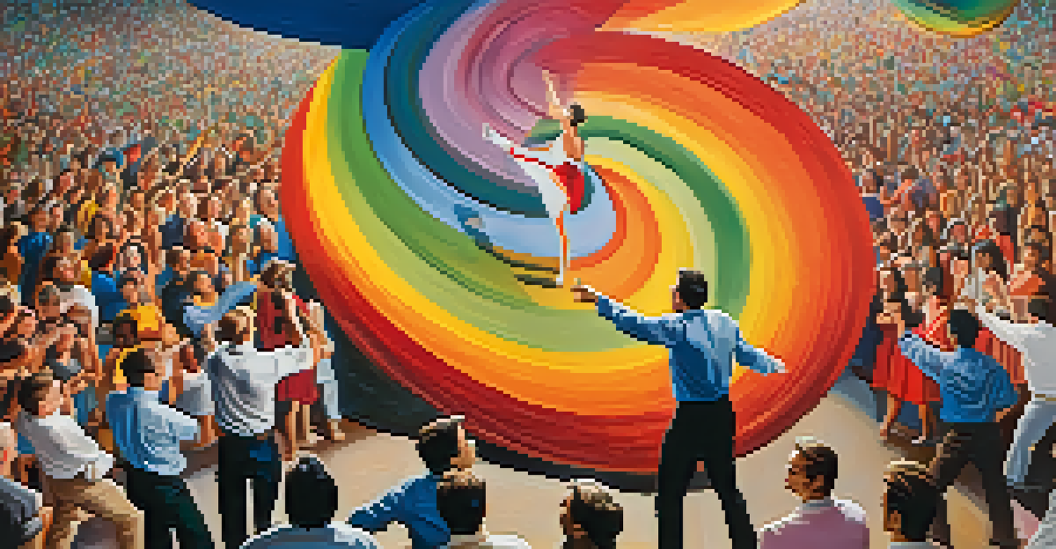 An abstract depiction of a performance artist engaging with an audience, showcasing dynamic movements and vibrant colors symbolizing energy.