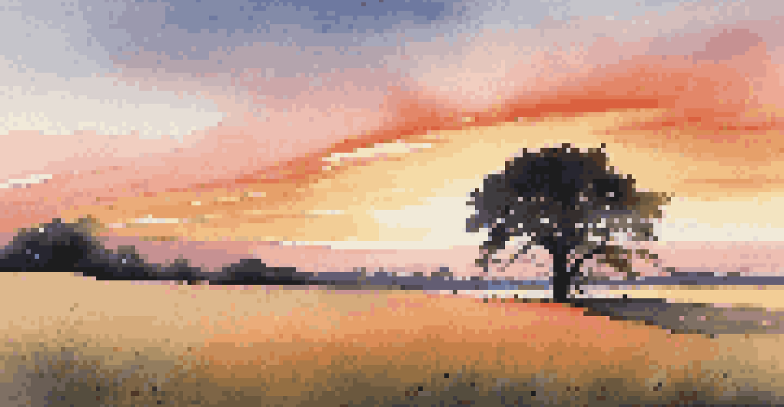 A solitary tree in an open field at sunset, with a colorful sky and gentle grass movement.
