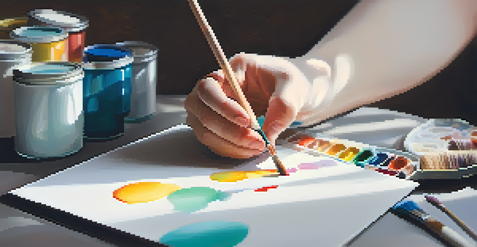 A close-up of a hand holding a paintbrush above a blank canvas, with colorful paint on the fingers.