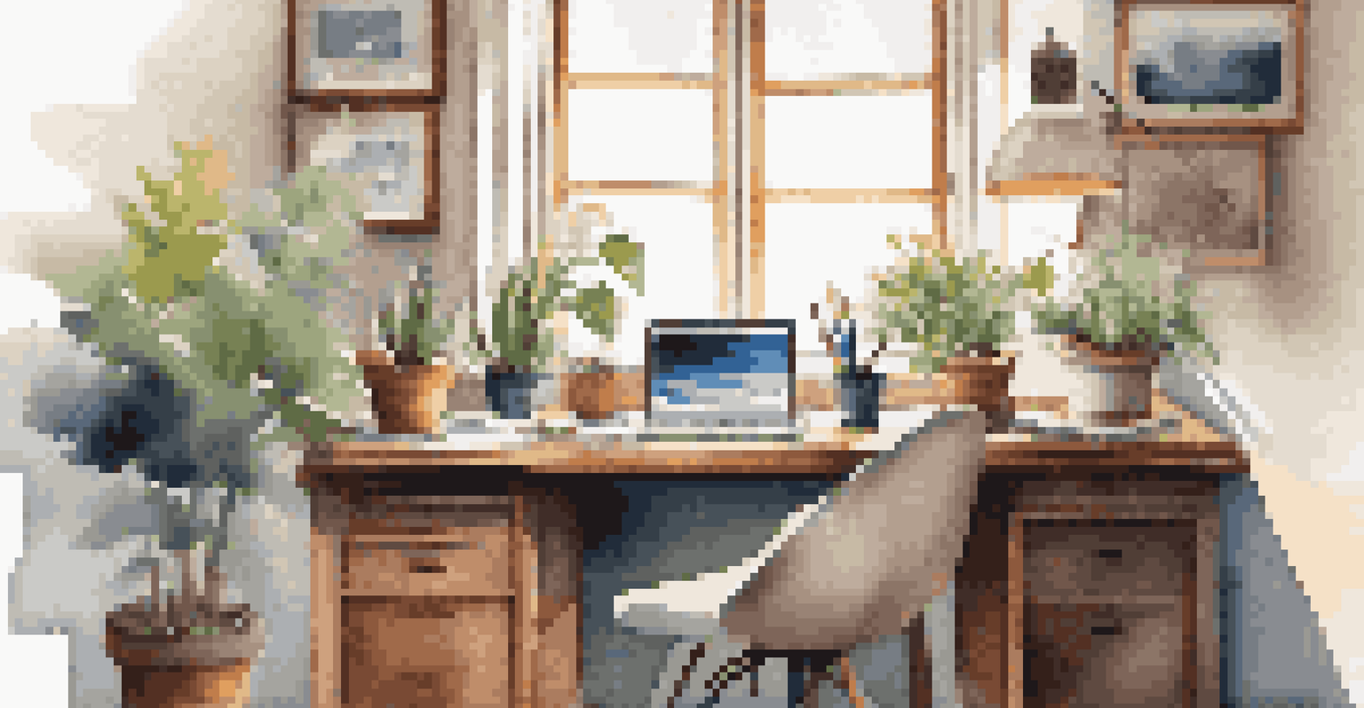A clean workspace with a laptop, a potted plant, and art supplies, illuminated by natural light from a window.