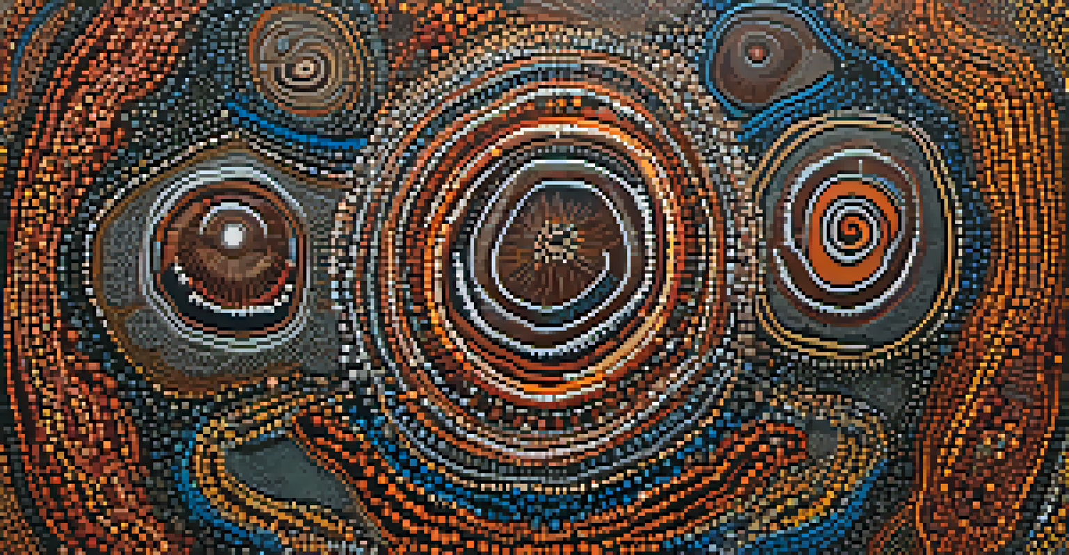 A close-up view of an Aboriginal Australian art piece with vibrant colors and intricate patterns representing cultural heritage.