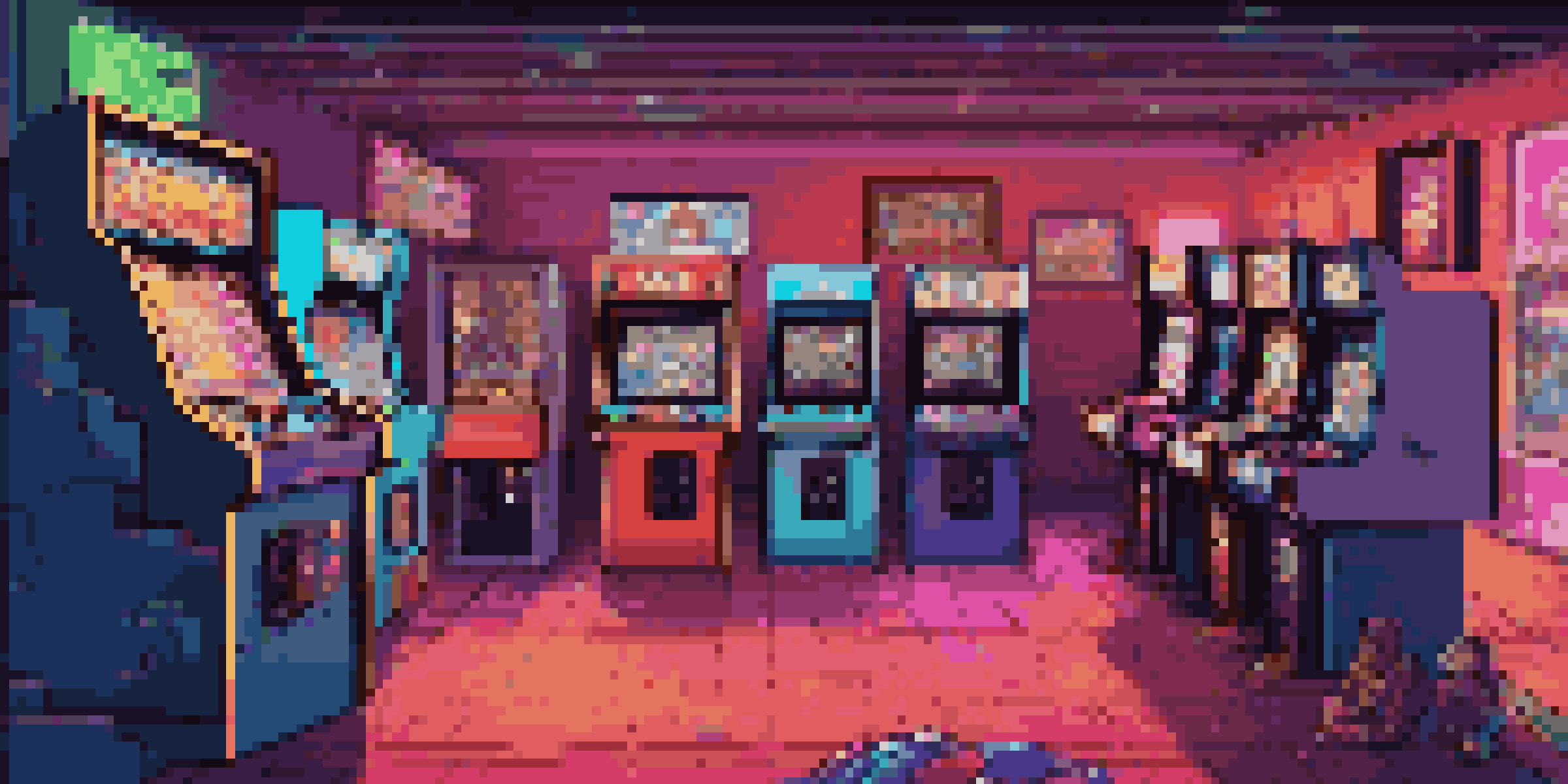 A retro arcade room with classic gaming machines and colorful neon lights, filled with friends playing video games and pixelated posters on the walls.