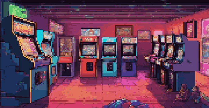 A retro arcade room with classic gaming machines and colorful neon lights, filled with friends playing video games and pixelated posters on the walls.
