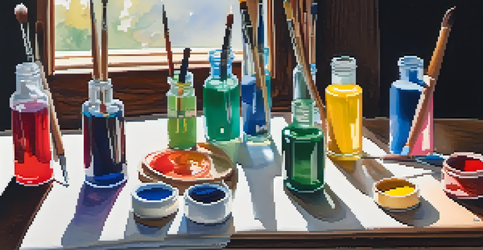 A still life image showing tubes of gouache paint, brushes, and a watercolor palette on a wooden table, illuminated by natural light.