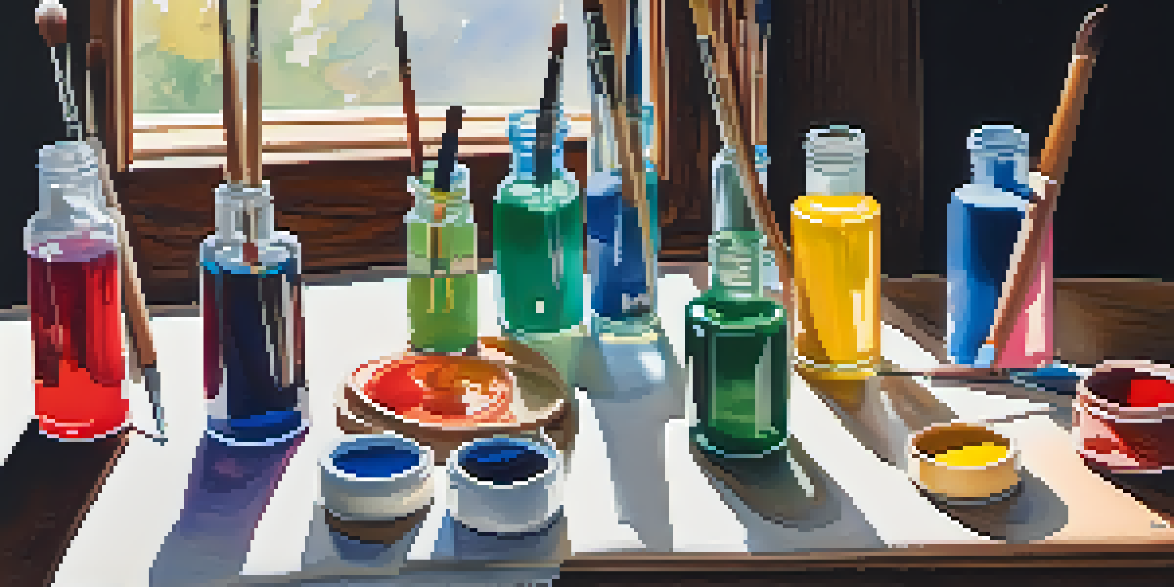 A still life image showing tubes of gouache paint, brushes, and a watercolor palette on a wooden table, illuminated by natural light.