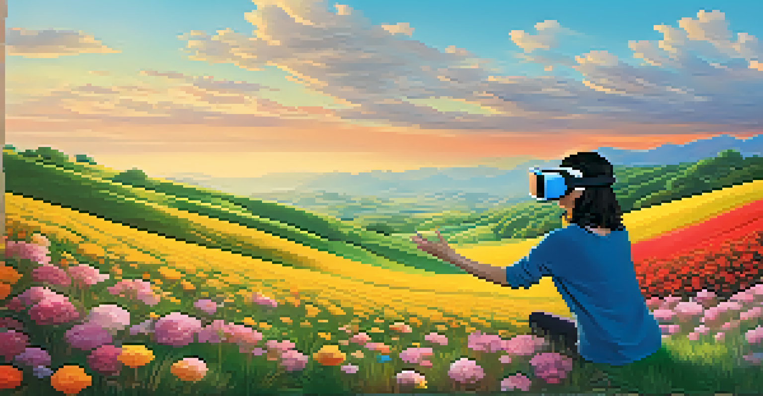 A peaceful virtual reality landscape with hills and flowers, where a viewer interacts with a floating, color-changing element.
