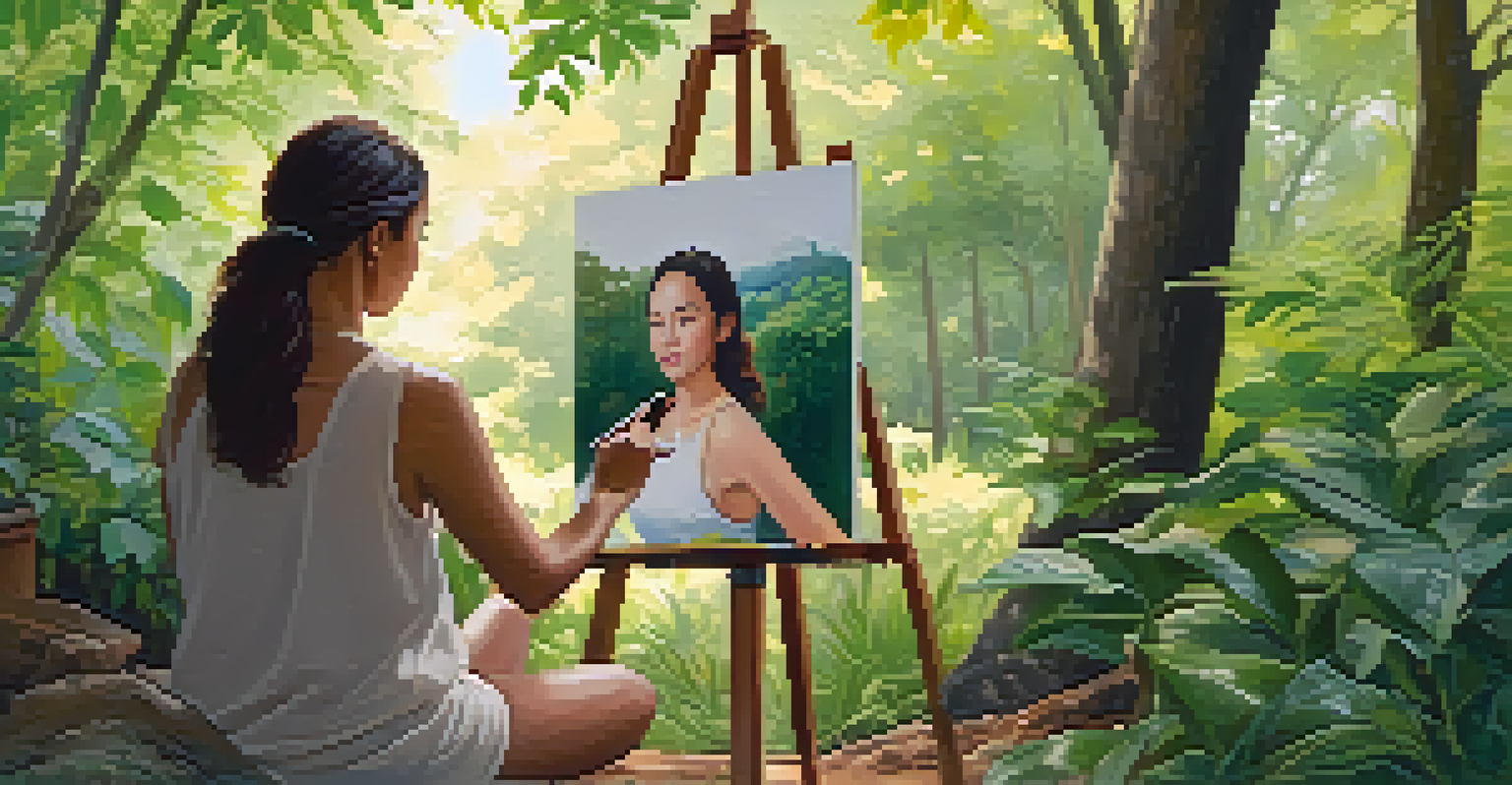 An artist painting a self-portrait outdoors, surrounded by nature, reflecting her identity in the artwork.