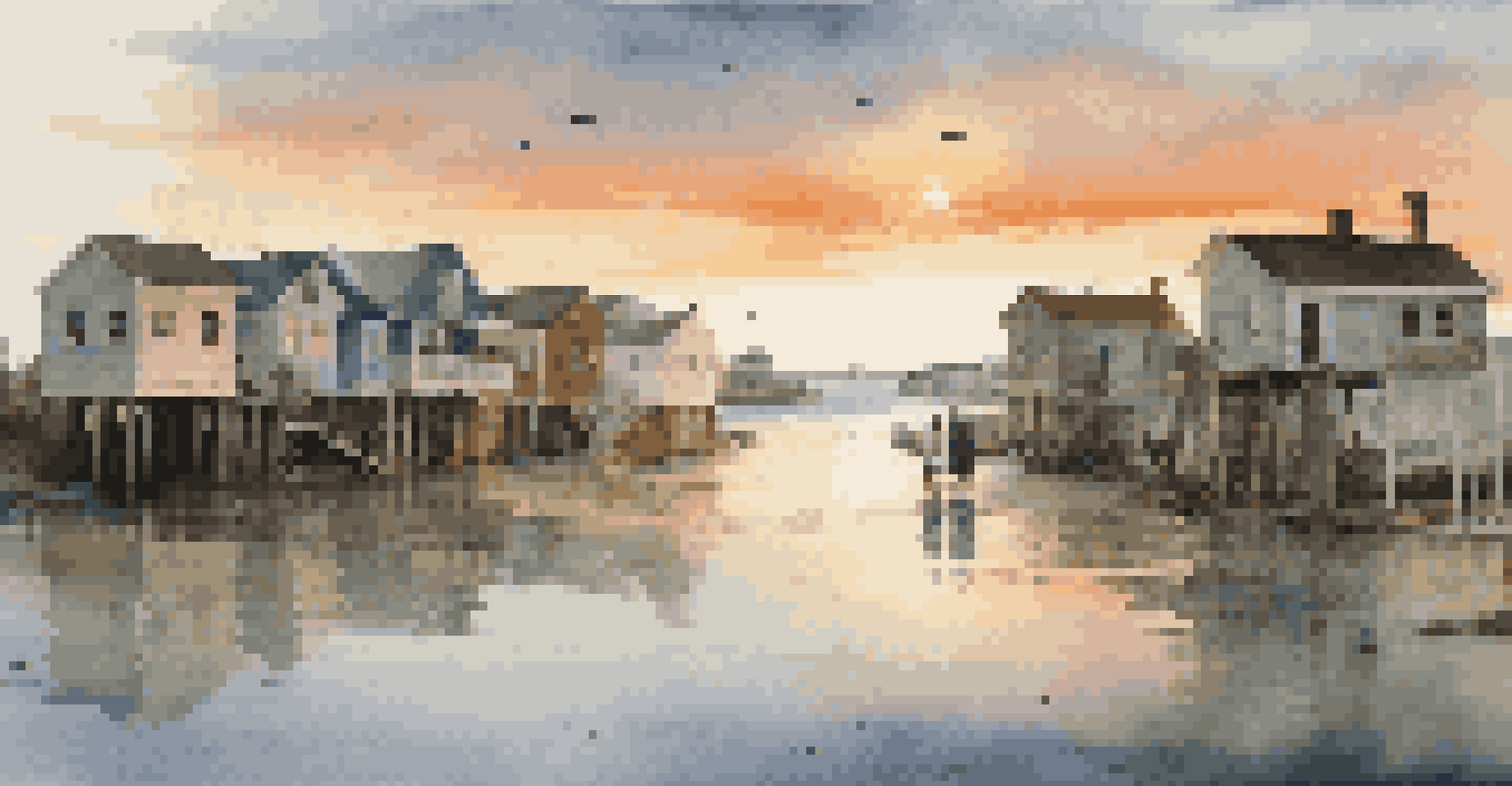A photo of a community affected by rising sea levels, with houses in water and residents looking on.