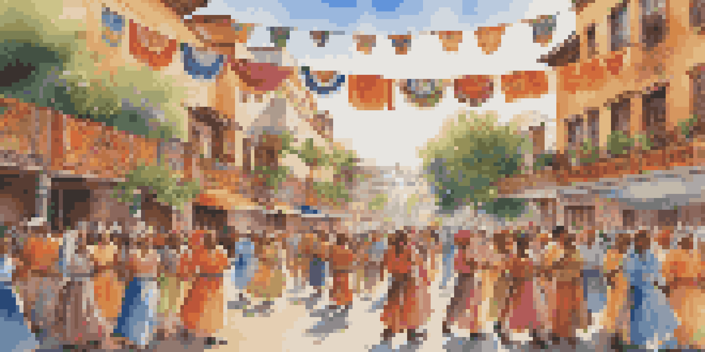 A colorful mural showing a diverse community celebrating their cultural heritage with traditional costumes and joyful expressions in a sunny outdoor plaza.