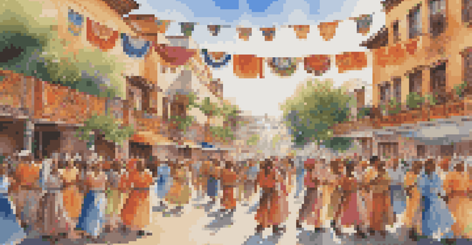 A colorful mural showing a diverse community celebrating their cultural heritage with traditional costumes and joyful expressions in a sunny outdoor plaza.