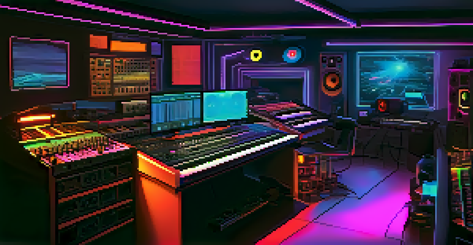 A futuristic sound studio with an artist working on a digital audio workstation, surrounded by synthesizers and neon lights.