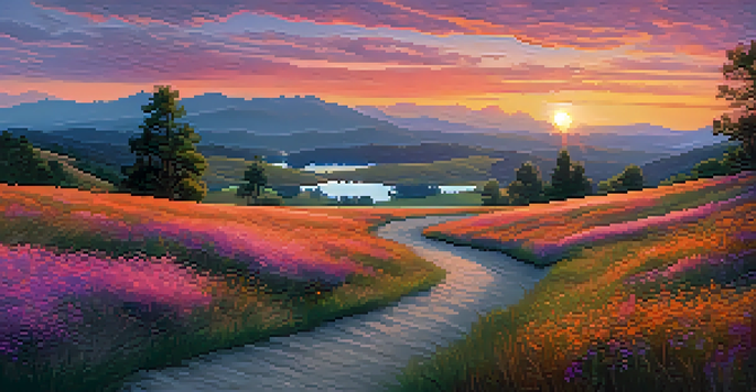 A tranquil digital landscape with rolling hills, a colorful sunset reflected on a lake, grassy textures, wildflowers, and a winding path leading to a forest.