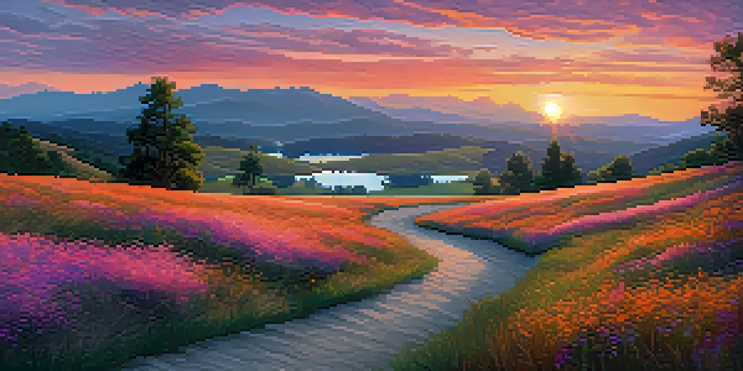 A tranquil digital landscape with rolling hills, a colorful sunset reflected on a lake, grassy textures, wildflowers, and a winding path leading to a forest.