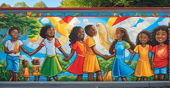 A colorful street art mural that shows diverse people holding hands under a blue sky, symbolizing community unity.