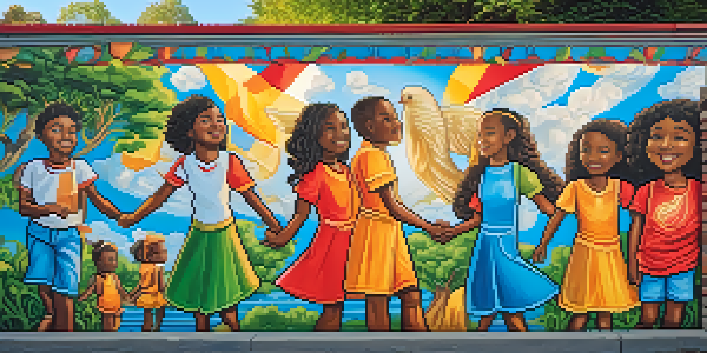 A colorful street art mural that shows diverse people holding hands under a blue sky, symbolizing community unity.