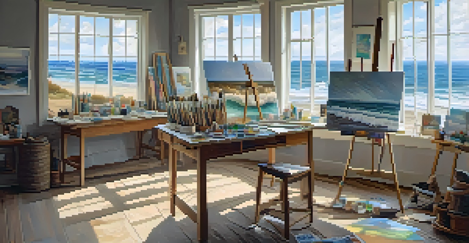 An artist's studio with canvases and a beach scene painting on an easel.