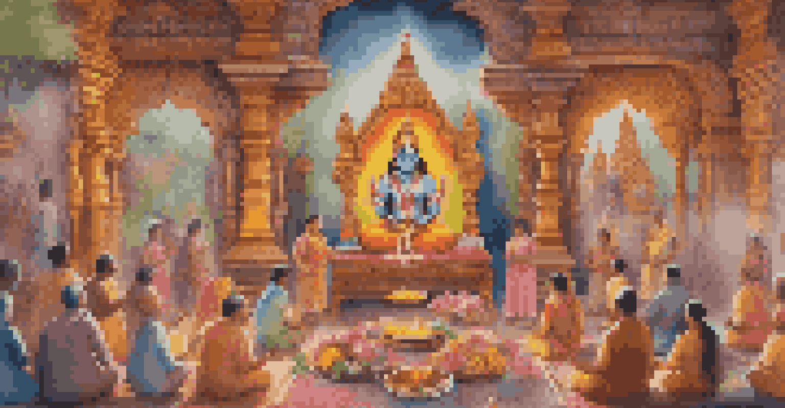 A lively Hindu puja ceremony with colorful decorations, flowers, and devotees engaged in prayer at a beautifully adorned altar.
