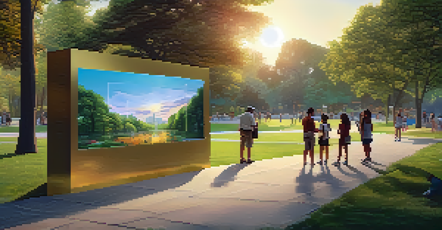 People interacting with a digital art installation in a park, with historical images displayed on screens and a sunset in the background.