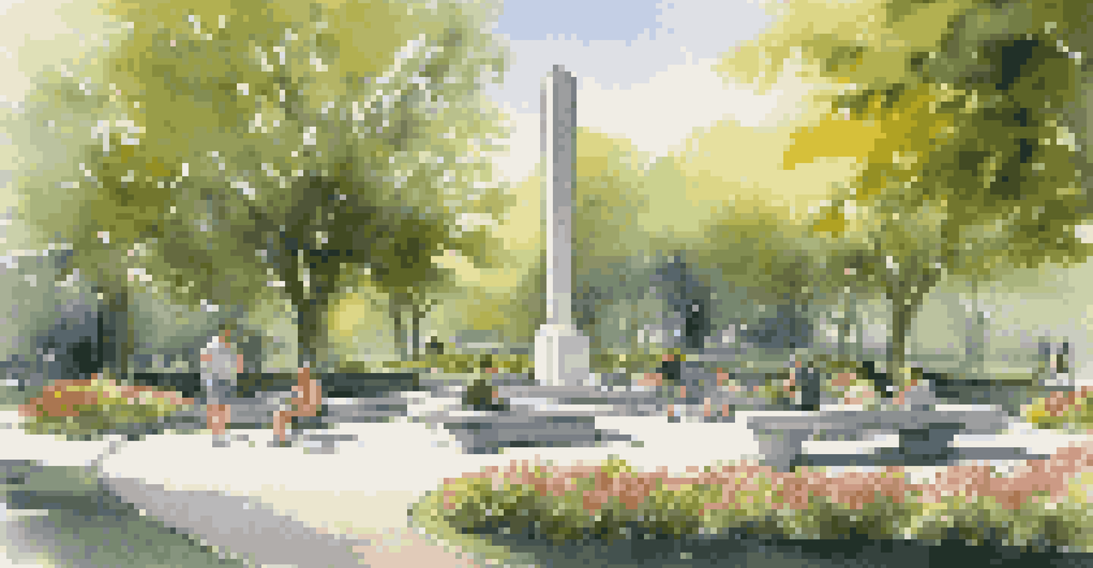 A peaceful park scene with a modern sculpture surrounded by flowers, with people relaxing and children playing.